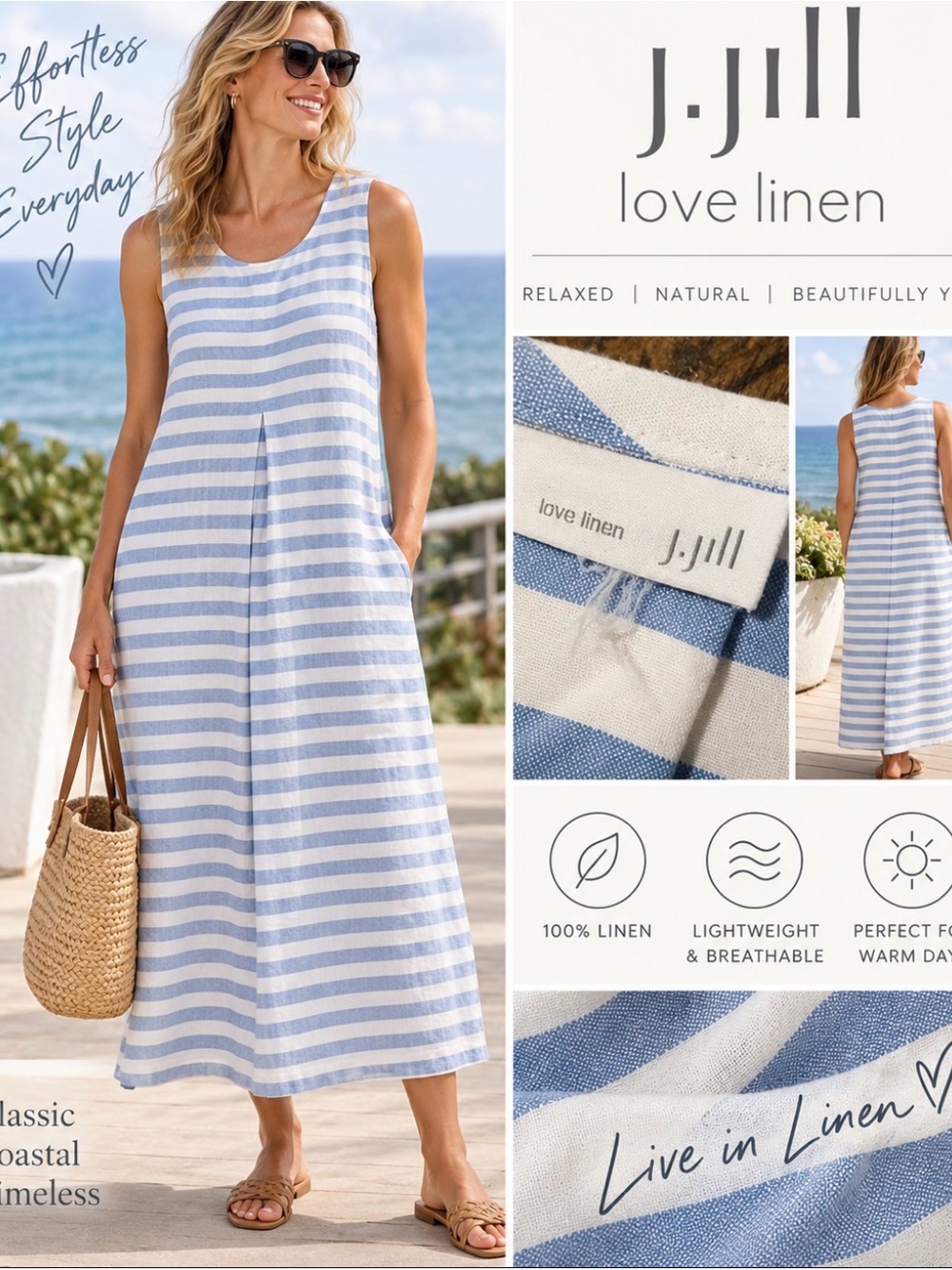 J.Jill Love Linen 100% Linen Blue White Striped dress size 2X or 3x